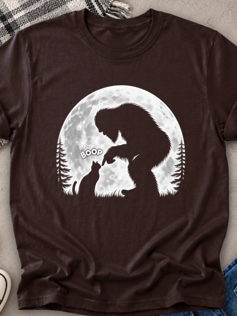 Bigfoot Boop Cat TShirt Graphic Tee Adult Unisex Funny Animal Full Moon